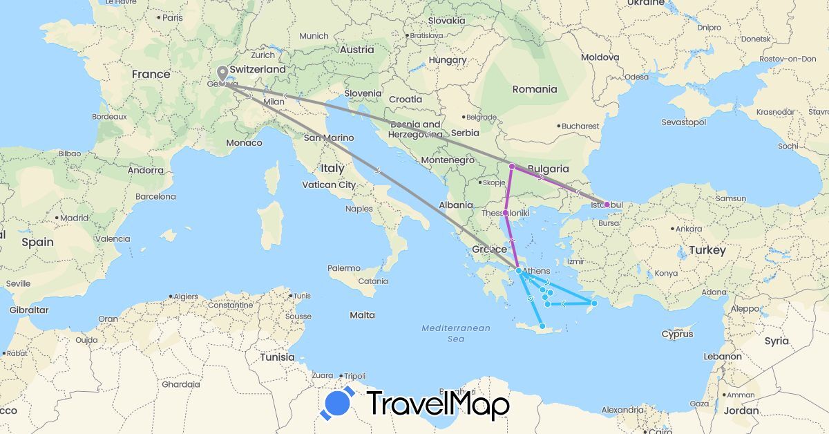 TravelMap itinerary: driving, plane, train, boat in Bulgaria, Switzerland, Greece, Turkey (Asia, Europe)